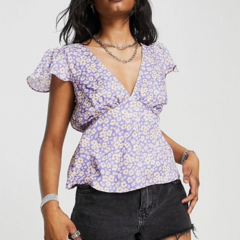 Topshop Purple Flutter Sleeve Blouse